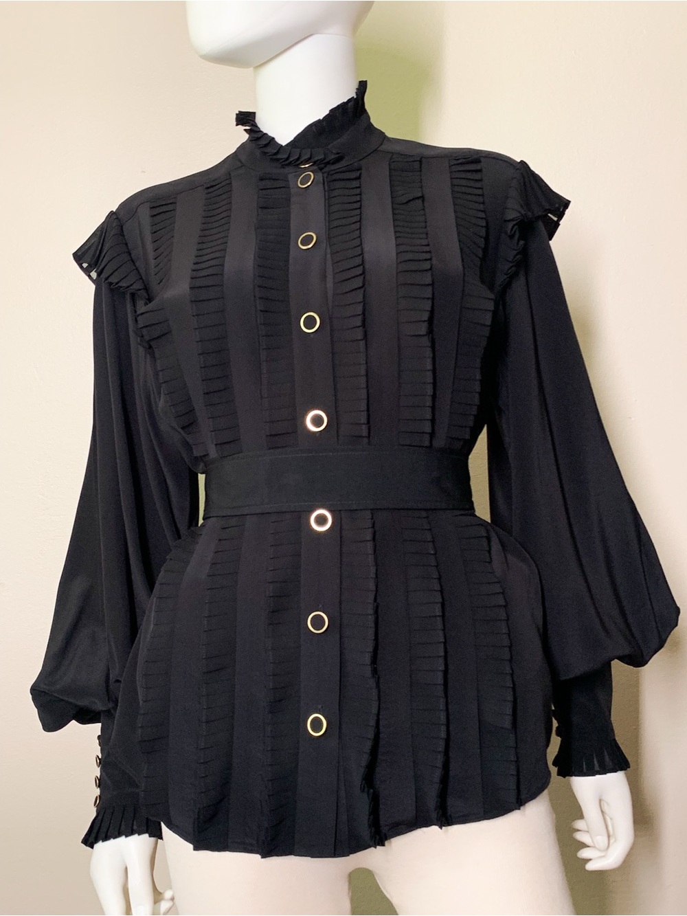 Zimmermann Pleated Ruffle Silk Blouse 1 US M High Neck Long Gathered Sleeve